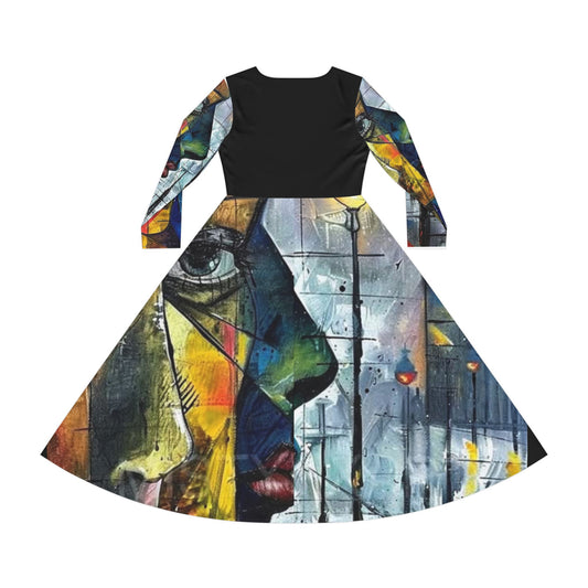 Artistic Women's Long Sleeve Dance Dress - Vibrant Abstract Design