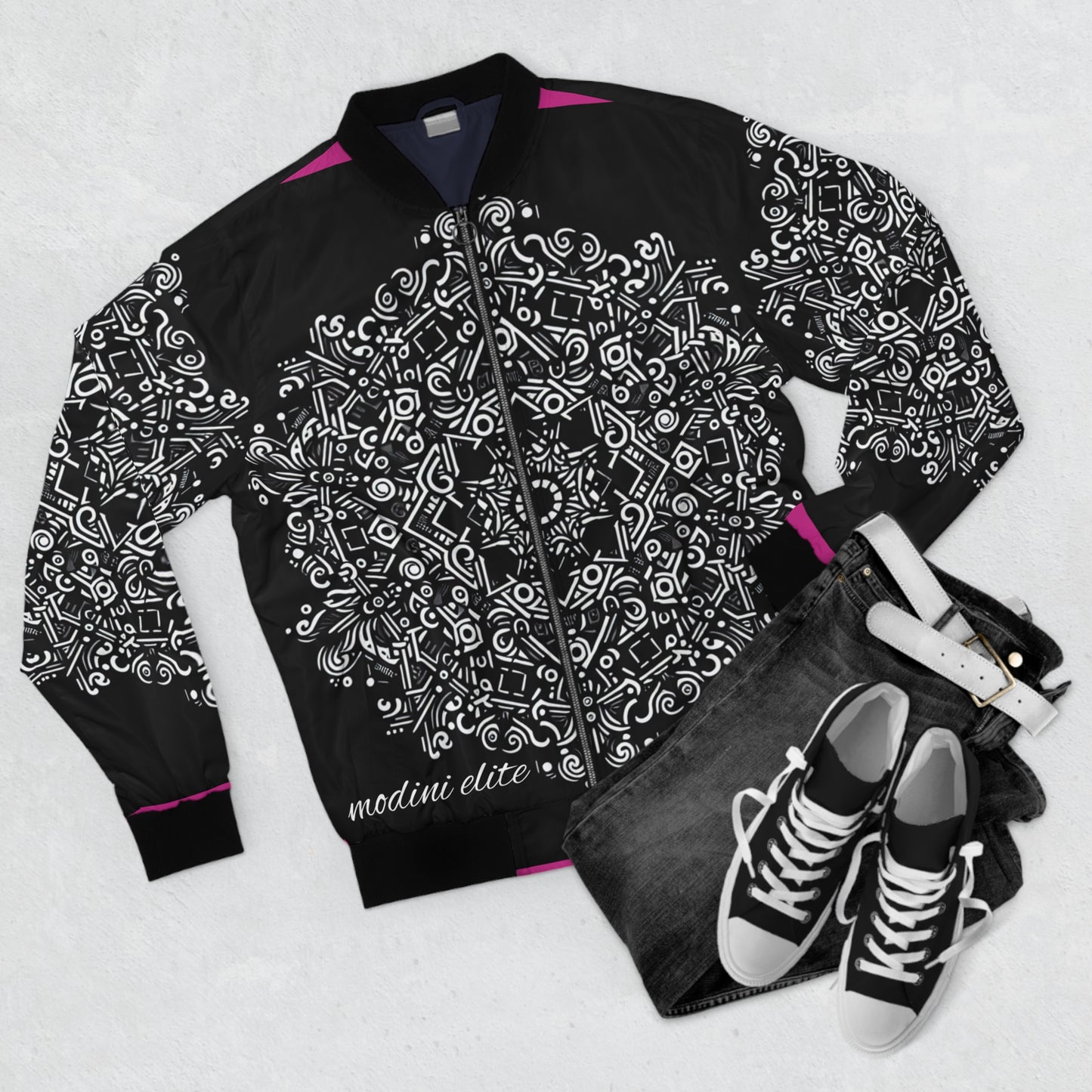 Stylish Black & White Men's Bomber Jacket with Intricate Pattern