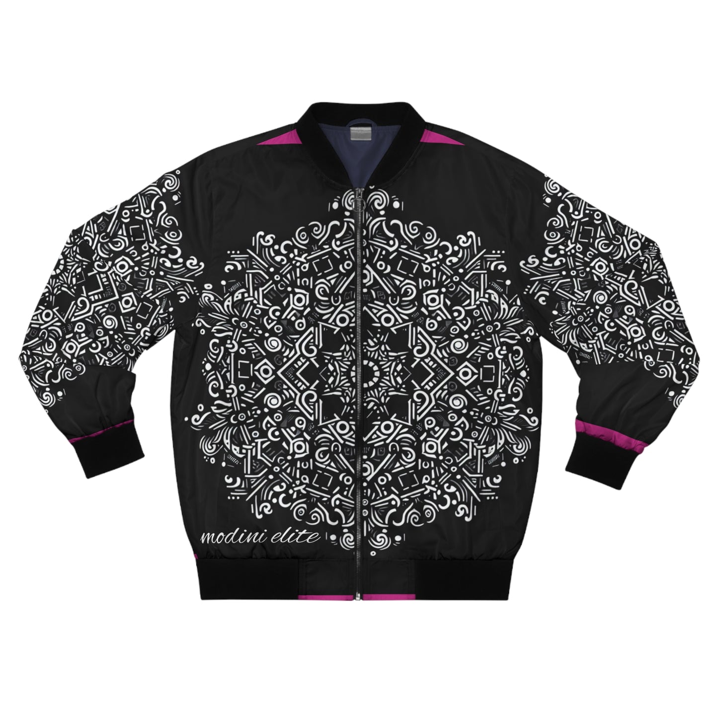 Stylish Black & White Men's Bomber Jacket with Intricate Pattern