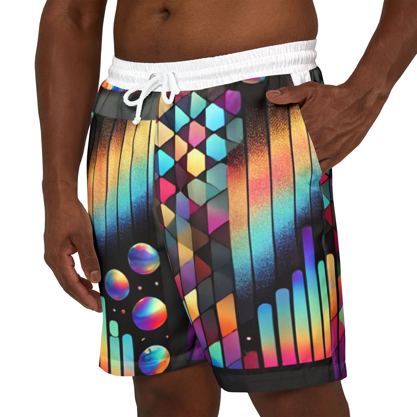 Vibrant Geometric Unisex Swim Shorts for Pool Parties & Beach Days