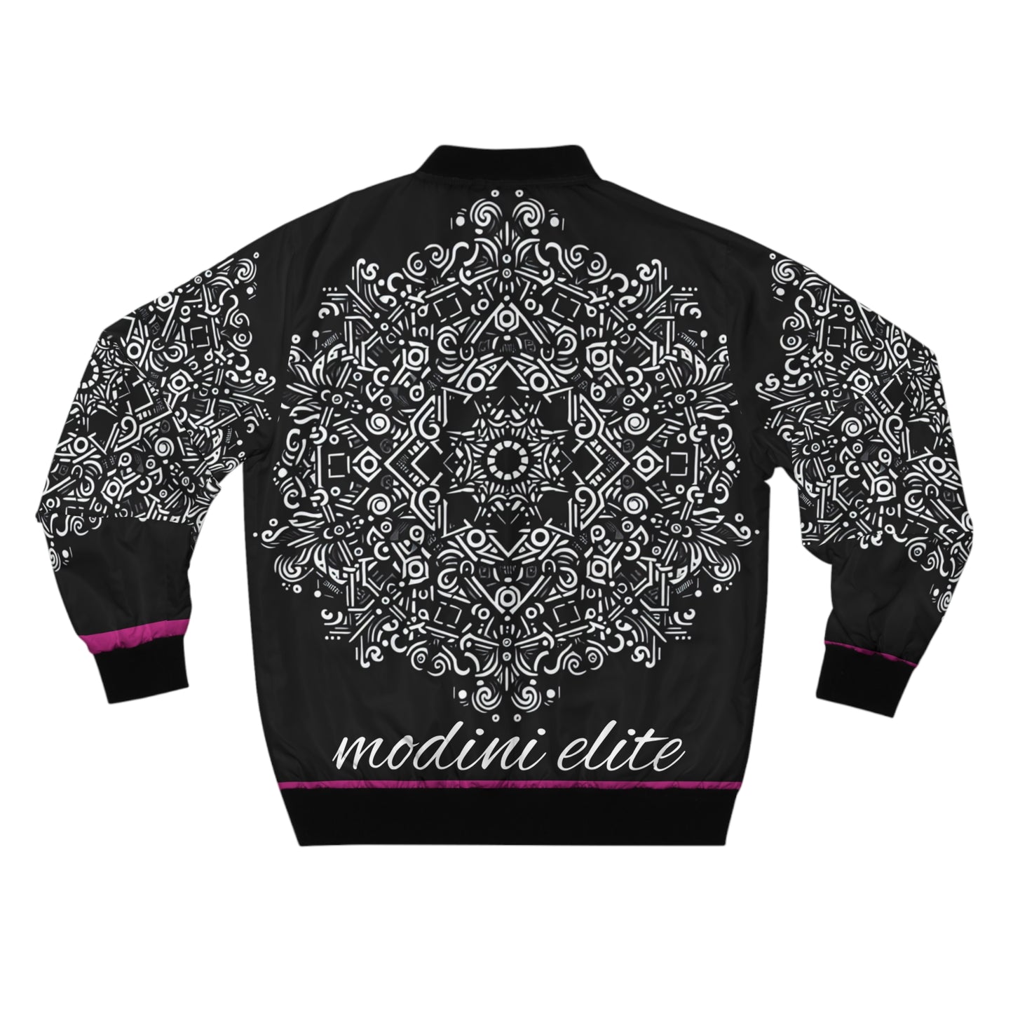 Stylish Black & White Men's Bomber Jacket with Intricate Pattern