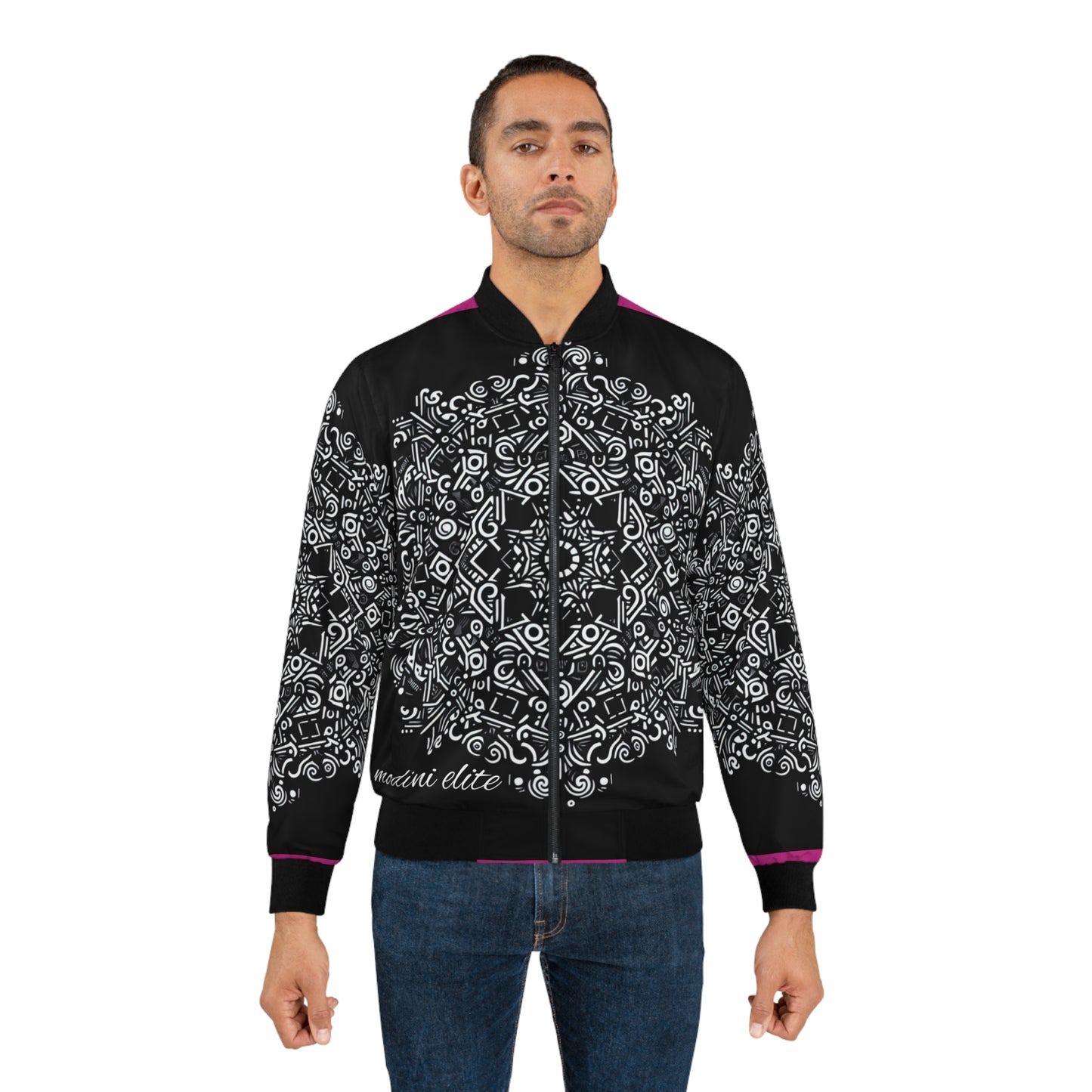 Stylish Black & White Men's Bomber Jacket with Intricate Pattern